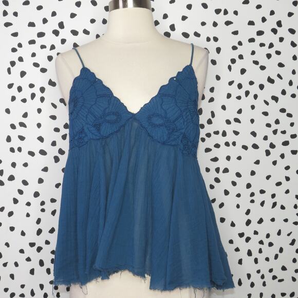 Free People Blue Boho Embroidered Strappy Cutwork Swing Tank - Picture 4 of 10